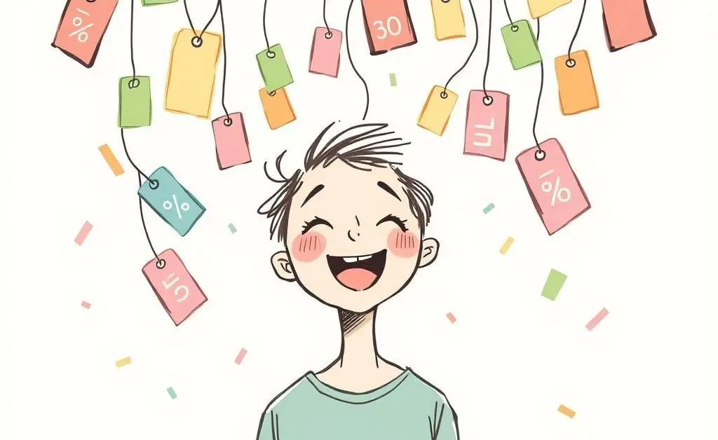 Person being showered with multiple discount labels