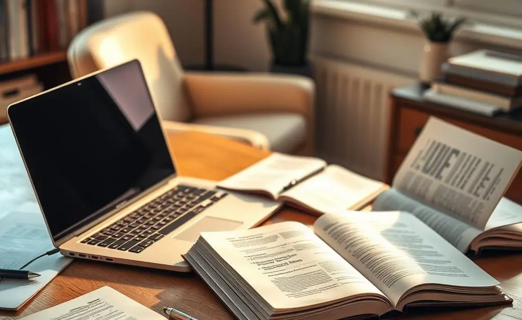 A cozy desk with a laptop and open books, representing research and learning in investing.