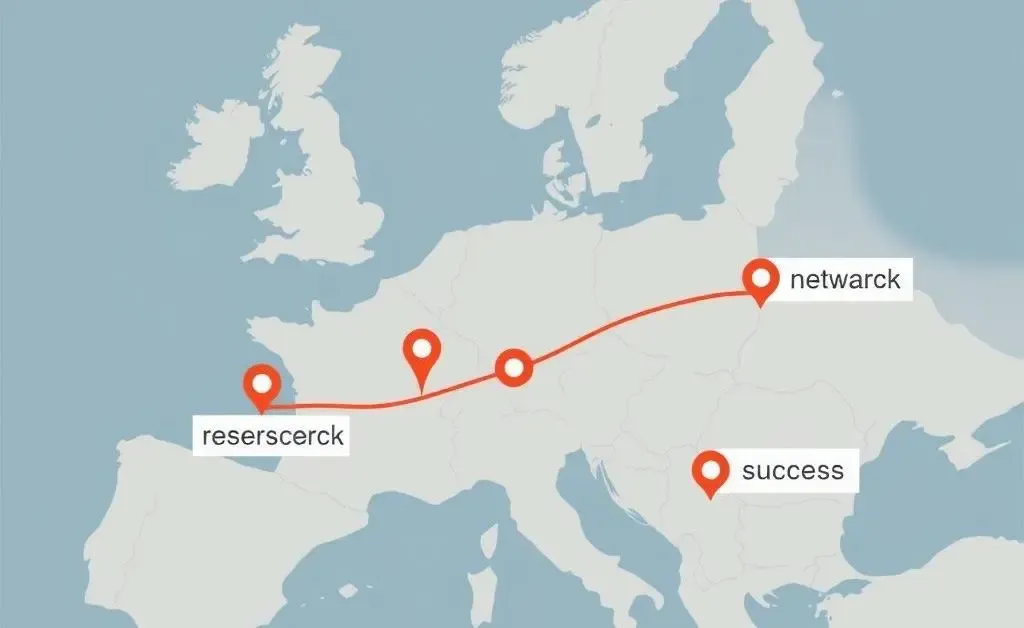 Map showing a journey with stops labeled 'research', 'network', and 'success'