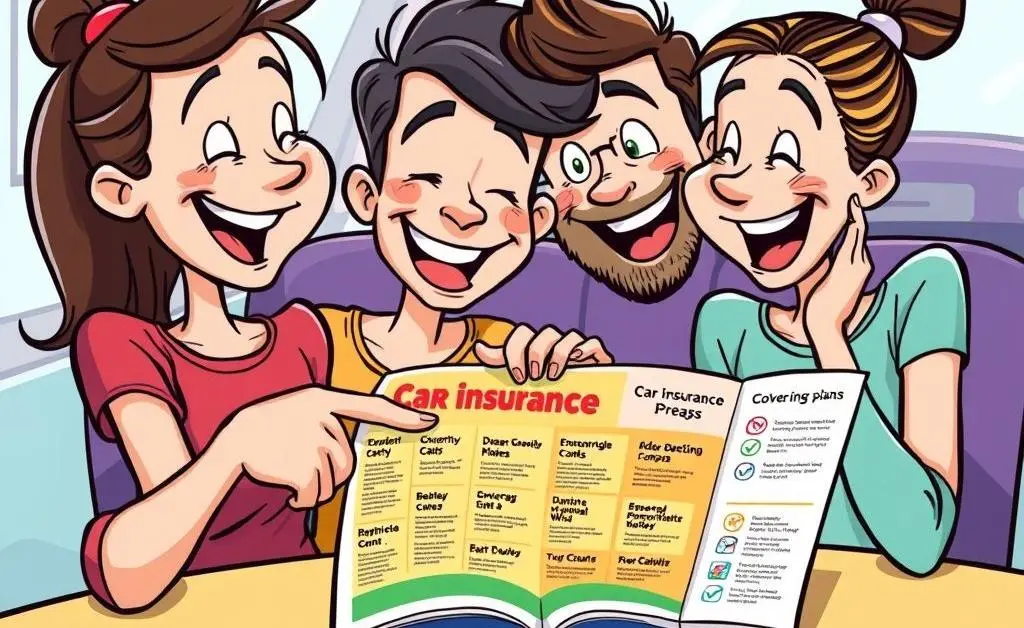 Two friends discussing car insurance coverage options on a brochure.