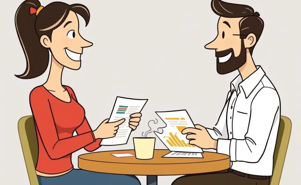 Two friends chatting over coffee while looking at salary charts