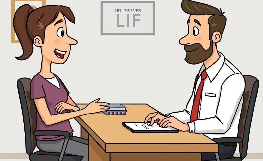 Discussing with life insurance agent at a desk