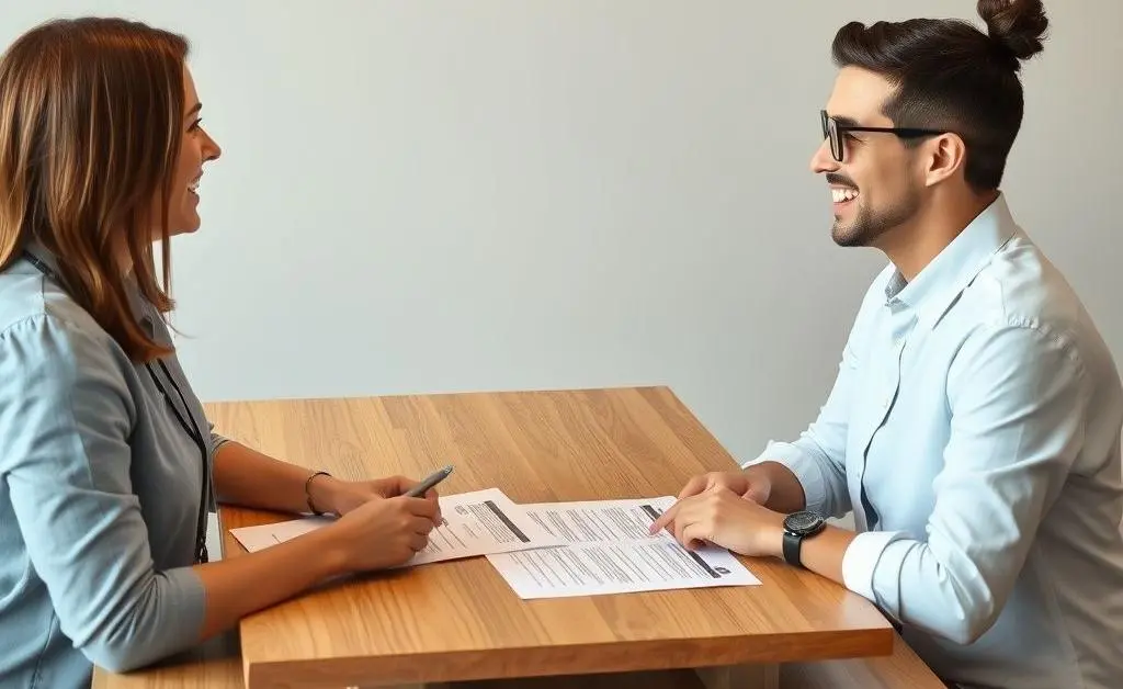 Two people having a friendly conversation at a table over rental documents.