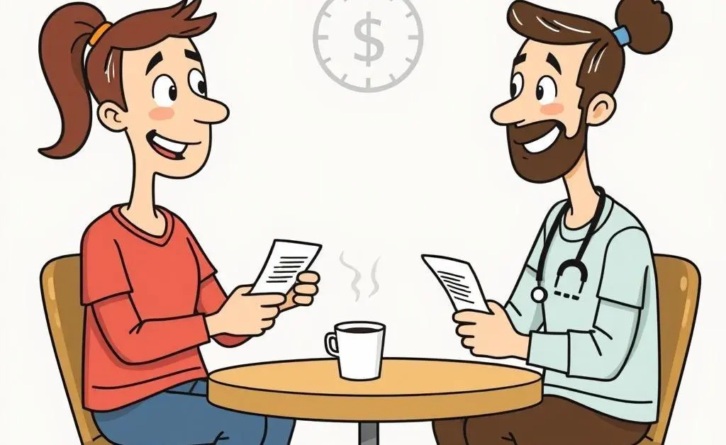 Illustration of friends discussing medical bills over coffee