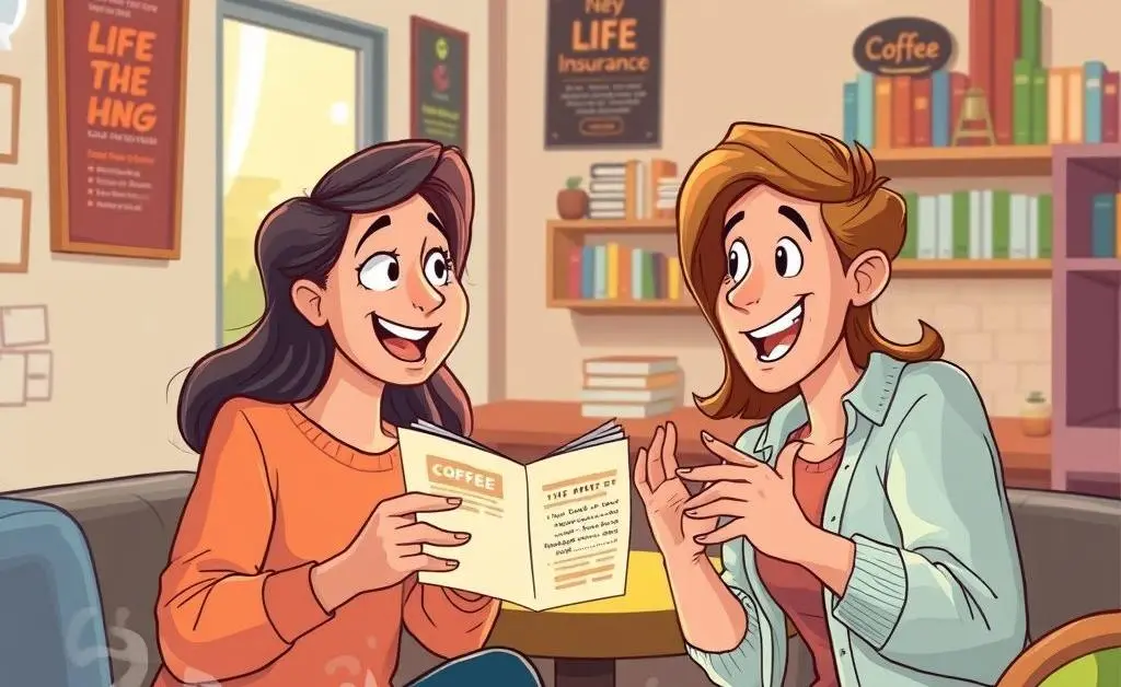 Two friends discussing life insurance options at a coffee shop