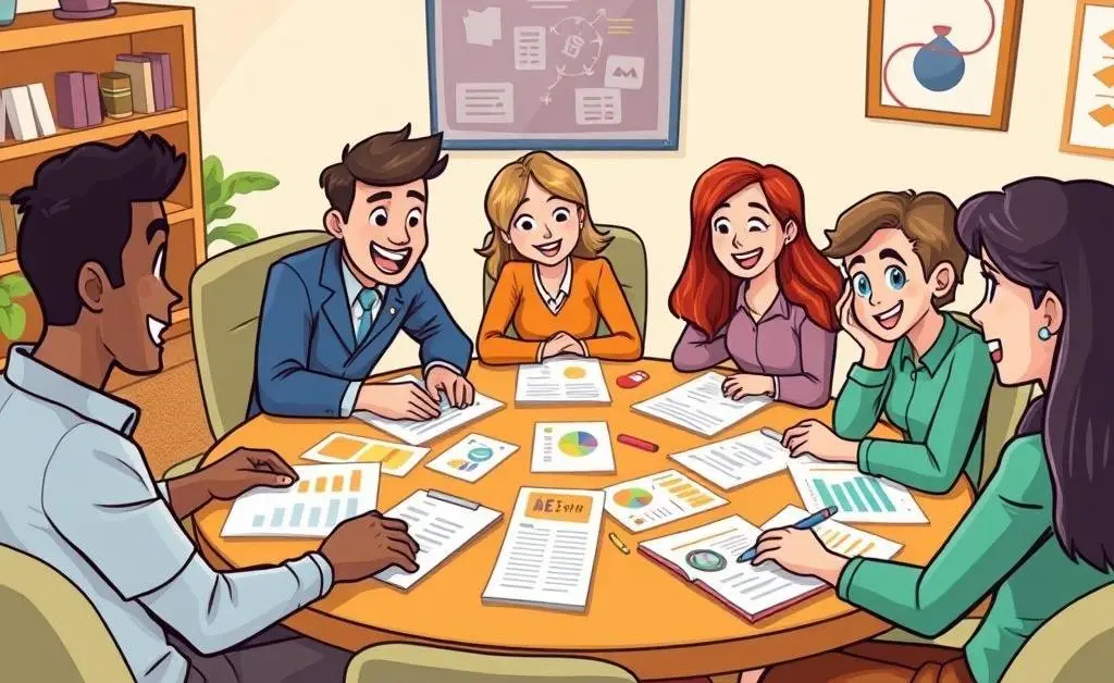 Cartoon-style illustration of a small group brainstorming with mortgage advice papers