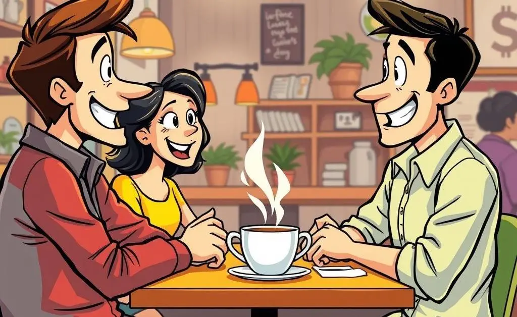 Two people discussing financial plans over coffee