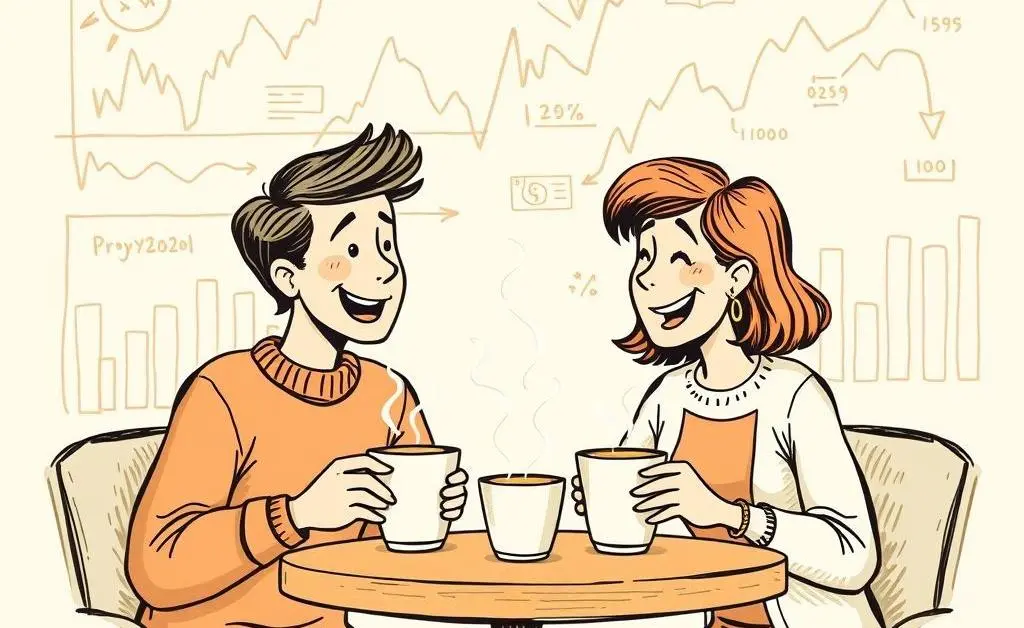 A hand-drawn style image showing two friends discussing over coffee with financial charts in the background.