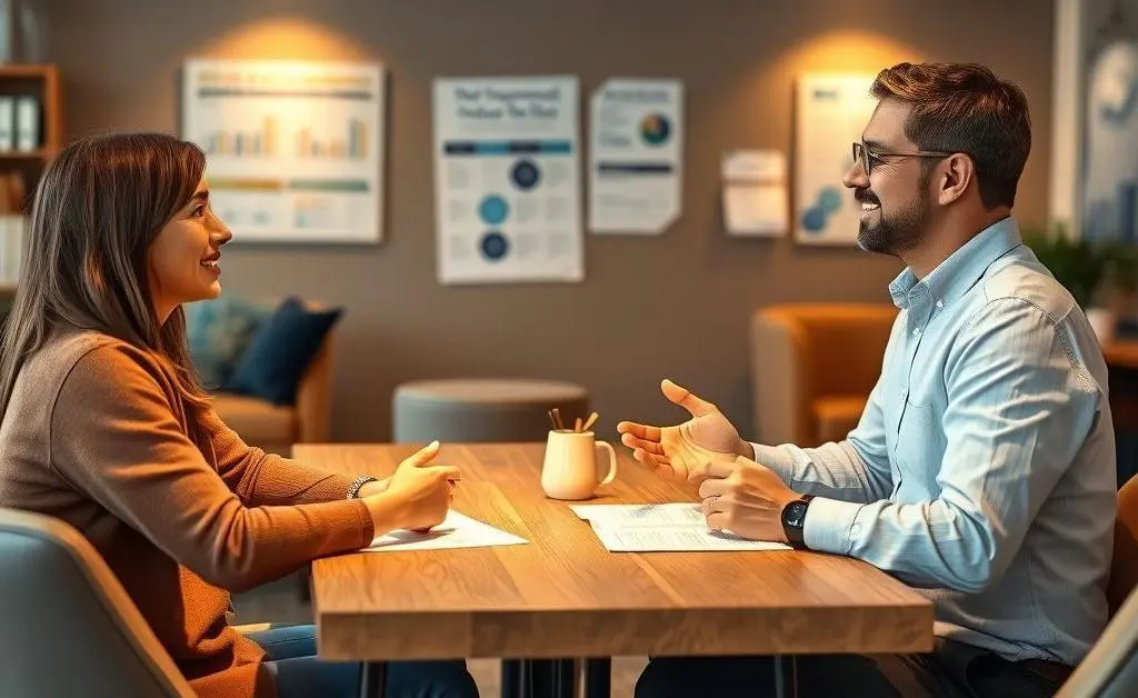 A friendly discussion at a table between a person and an insurance advisor.