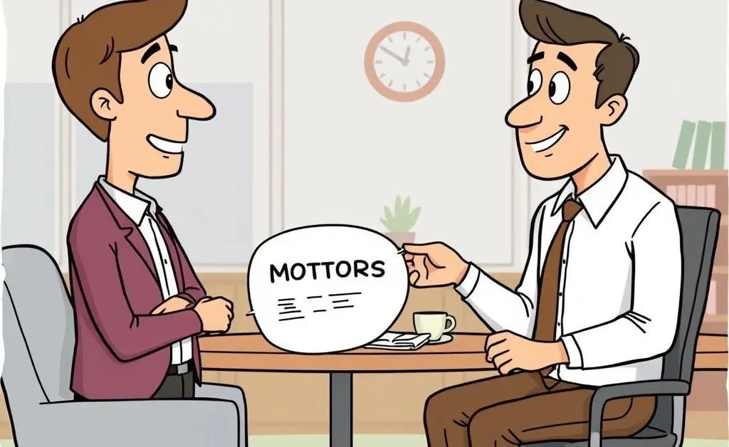 Cartoon of a person discussing mortgage options with a friendly advisor.