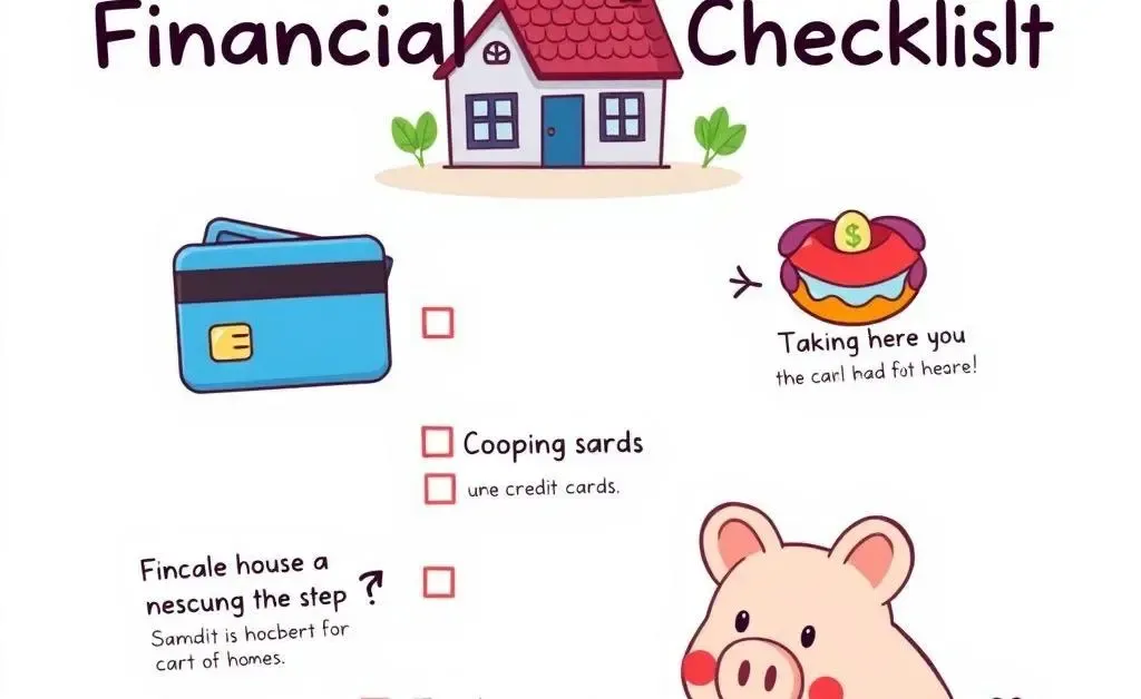 A cartoon-style checklist of financial steps with icons like a house, credit card, and piggy bank.