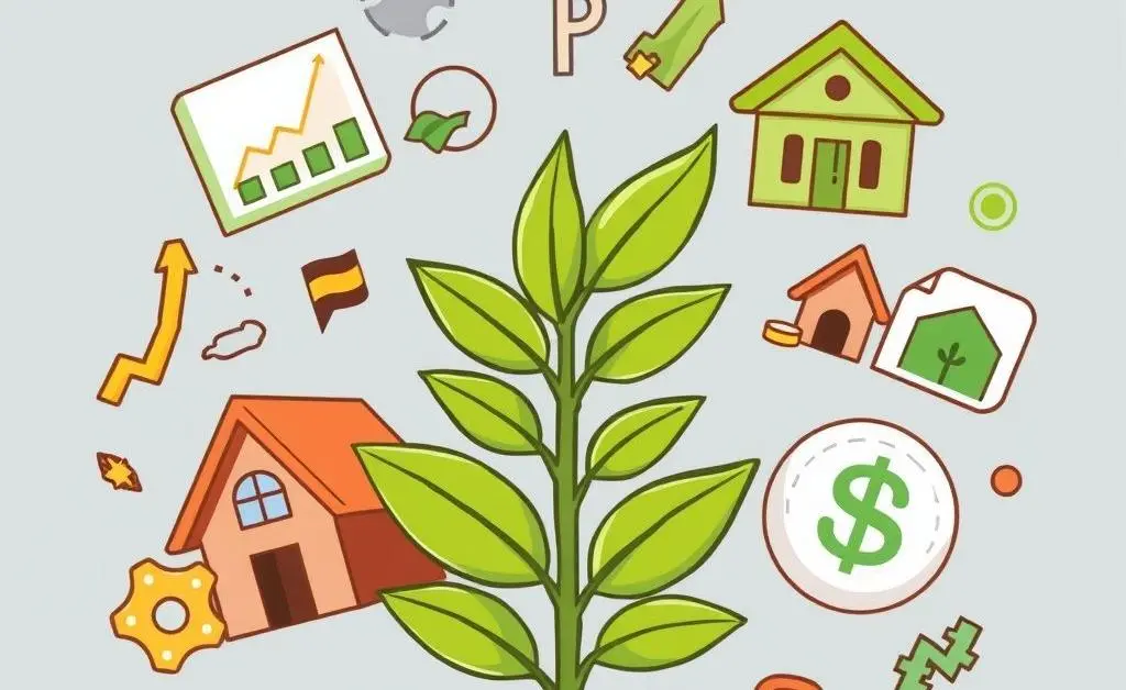 Illustration of diverse investment symbols like stocks and real estate.