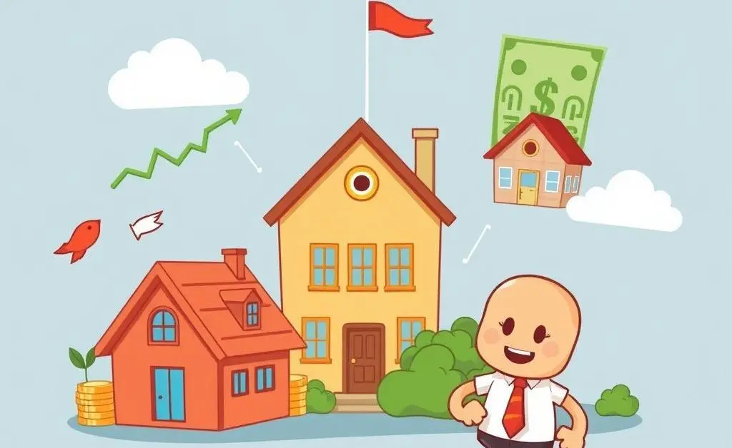 A cartoon style illustration of various investment options like stocks, real estate, and bonds, depicted visually distinct and engaging.
