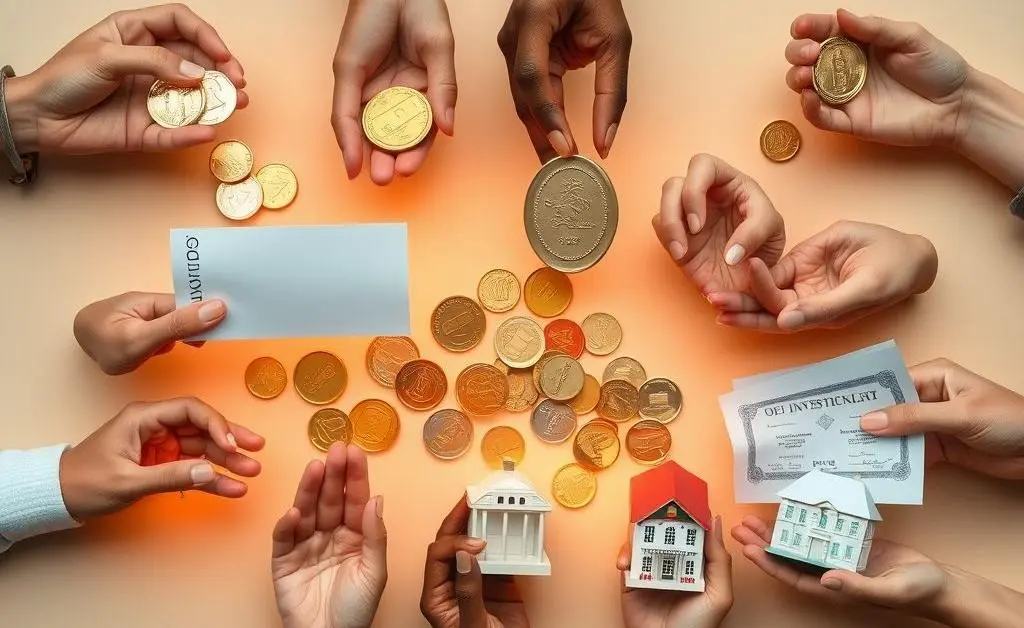 Hands of different people holding various investment icons like coins, bonds, and real estate