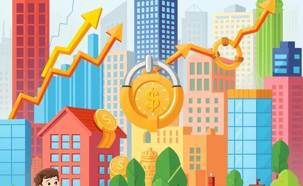 A cartoon-style illustration showing different investment options like real estate, stocks, and bonds.