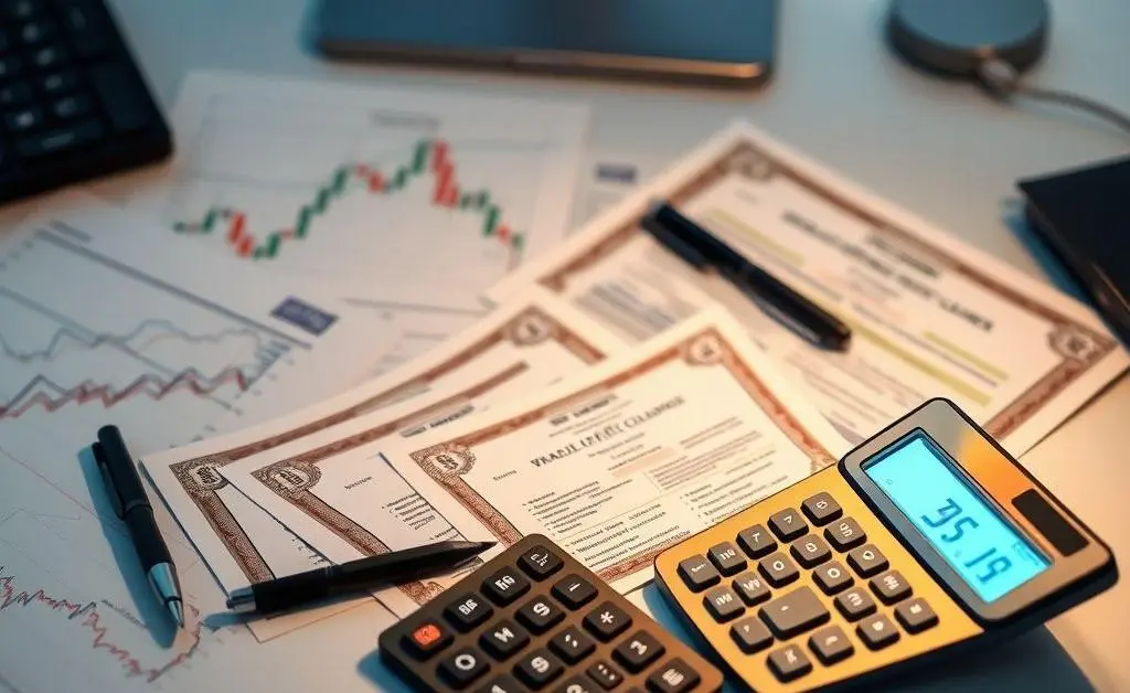 Various financial tools laid out on a desk, like stocks, bonds, and a calculator.
