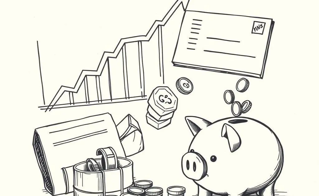 A hand-drawn image showing various investment icons, such as stocks, bonds, real estate, and a piggy bank.