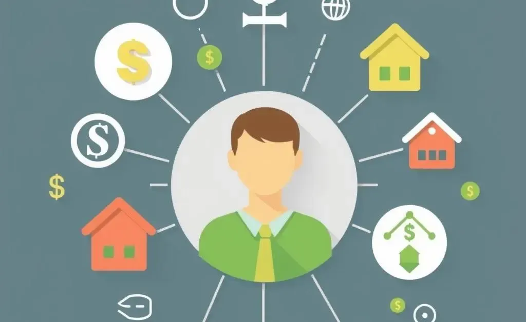 Symbols of stocks and real estate around a person