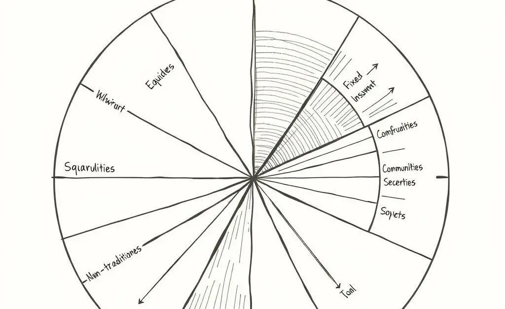 A diverse investment pie chart with stocks, bonds, and alternative assets