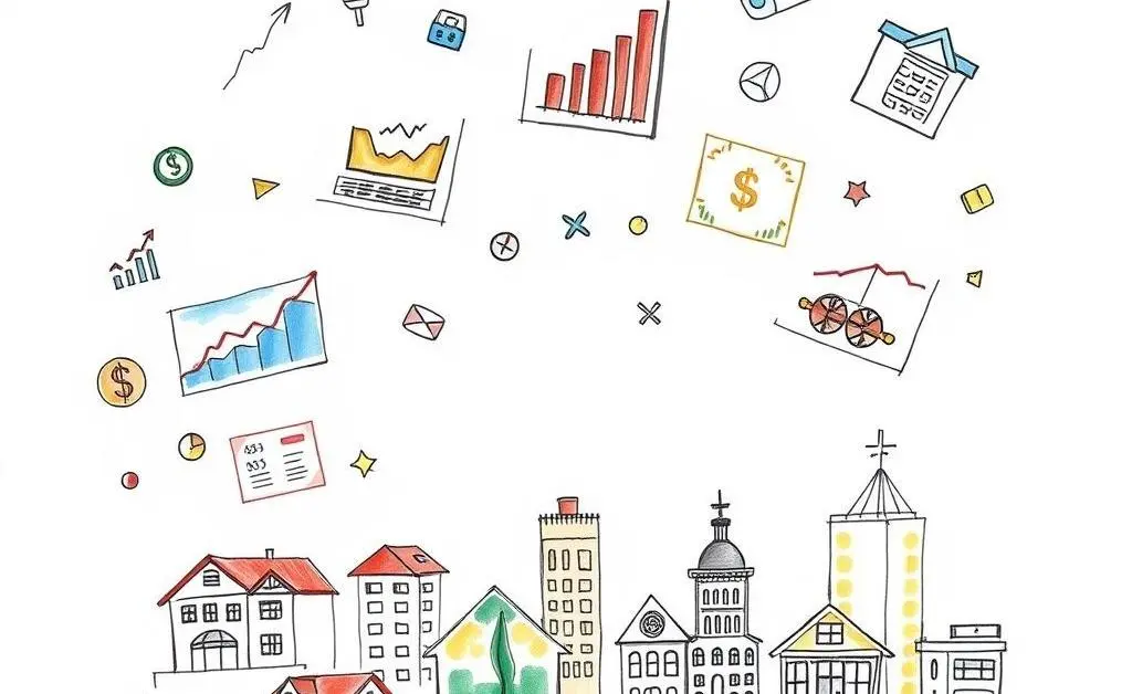 A hand-drawn illustration of a balanced portfolio with different asset types like stocks, bonds, and real estate.