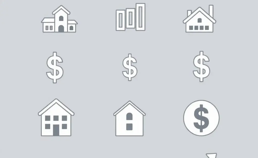 Various investment symbols like houses and stock charts.