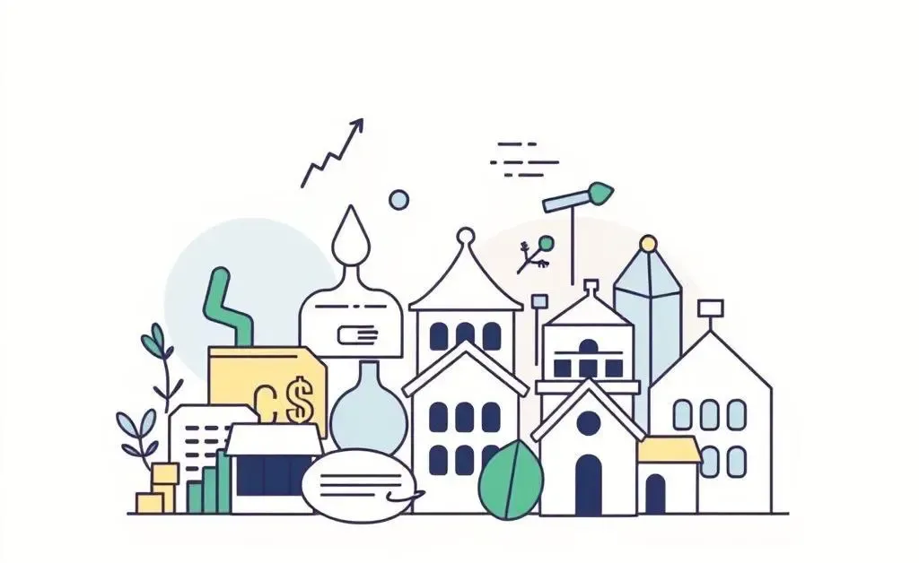Minimalist illustration of a diverse investment portfolio with different asset icons like stocks, bonds, and real estate.