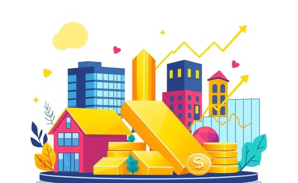 A depiction of a diverse portfolio with gold, stocks, and properties illustrated in a modern style.