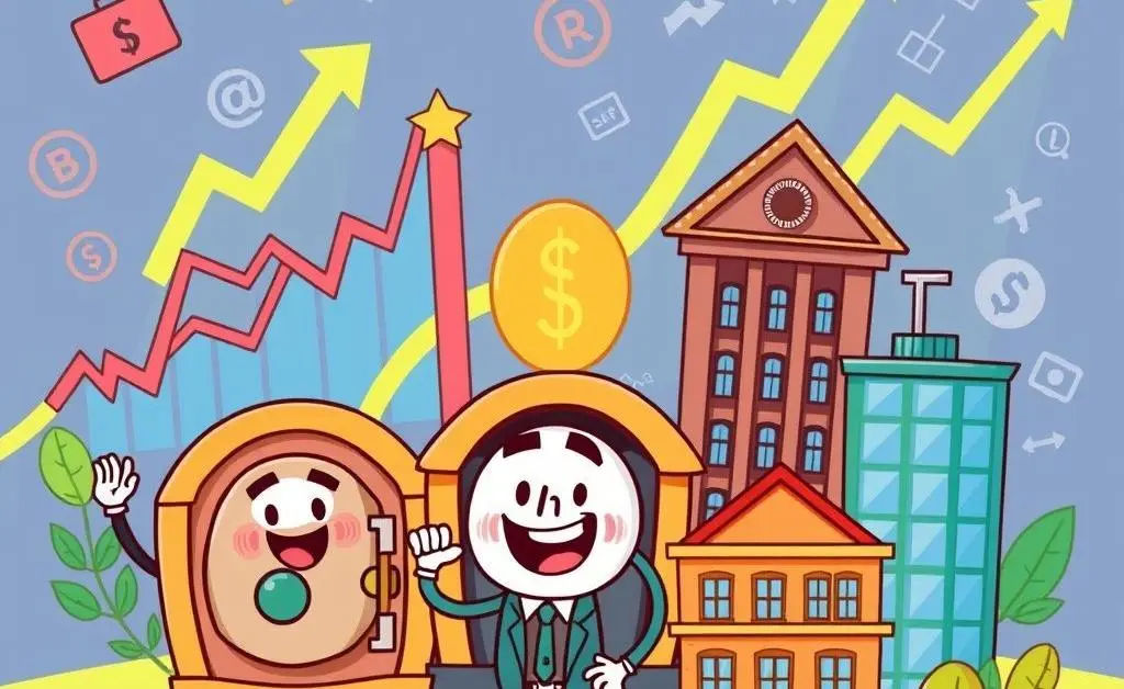 Cartoon of a diversified portfolio with stocks, bonds, and real estate