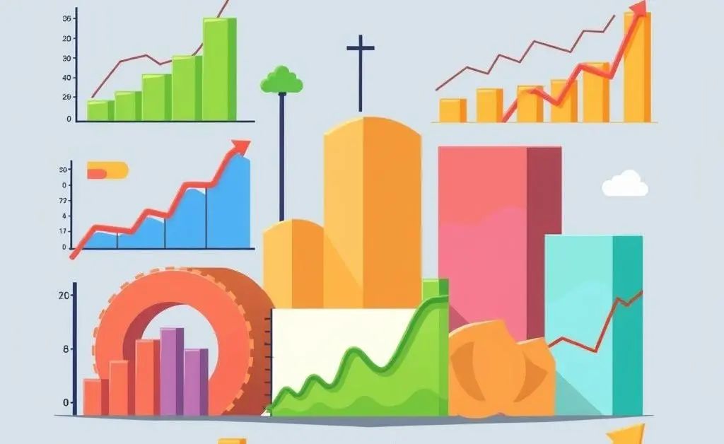 A cartoon-style illustration of diverse investment portfolios represented by various colorful charts
