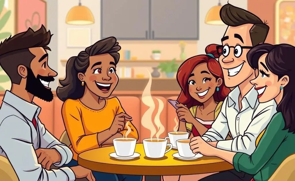 Cartoon-style image of diverse investors in a friendly discussion over coffee.