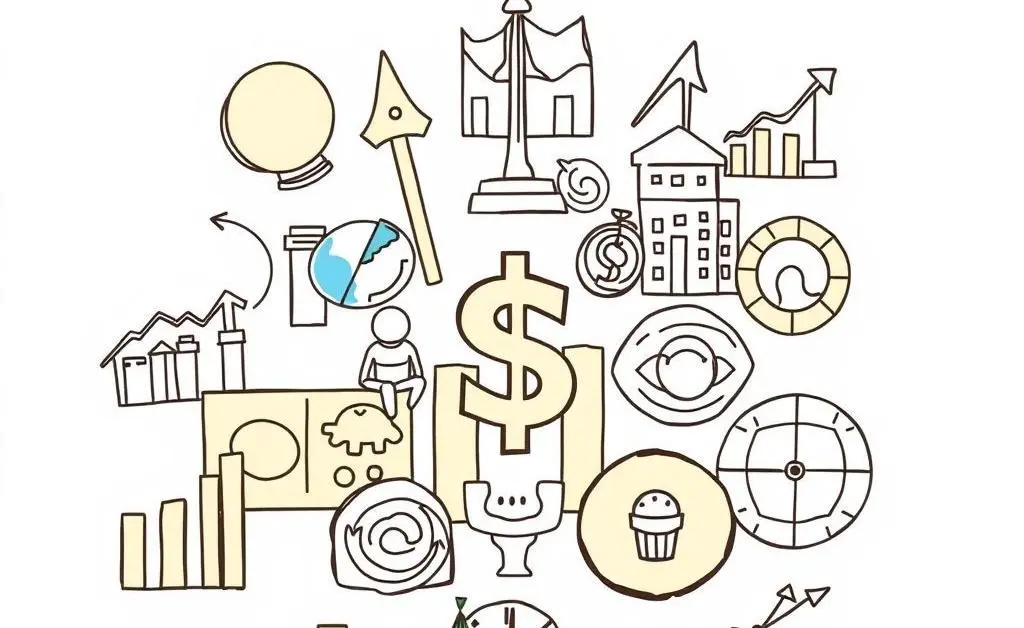 A modern sketch of diverse market icons representing various investment options.