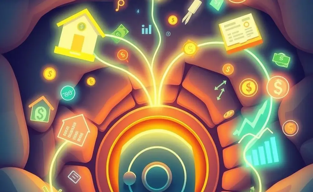 Visual representation of various passive income streams flowing into a safe.