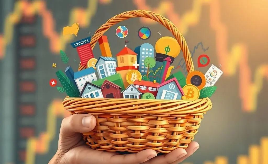 Hand holding a basket filled with different investment symbols