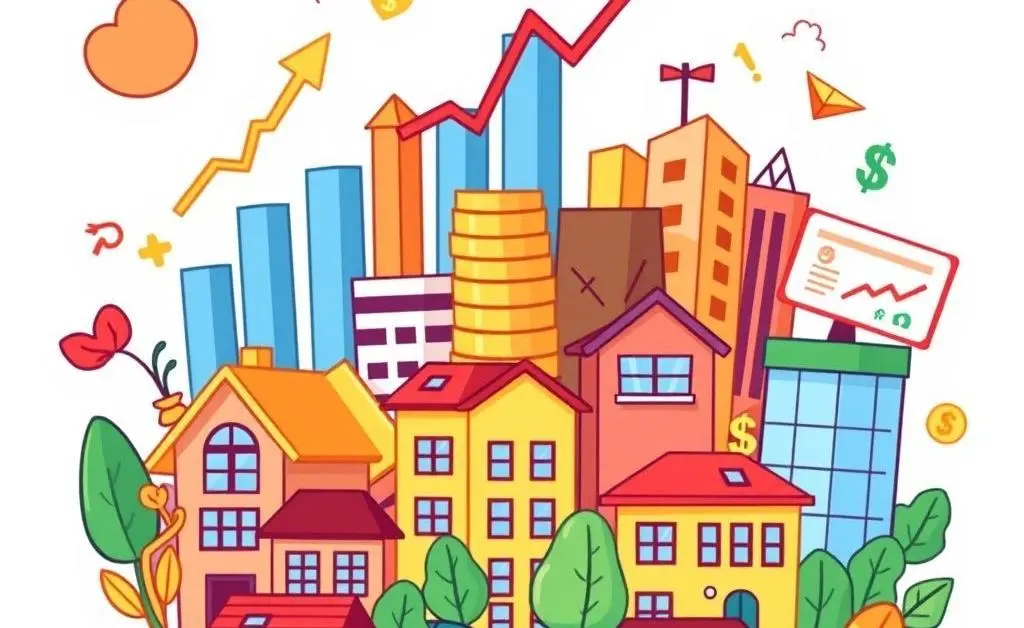 Diverse investment portfolio with stocks, bonds, real estate, and currency symbols