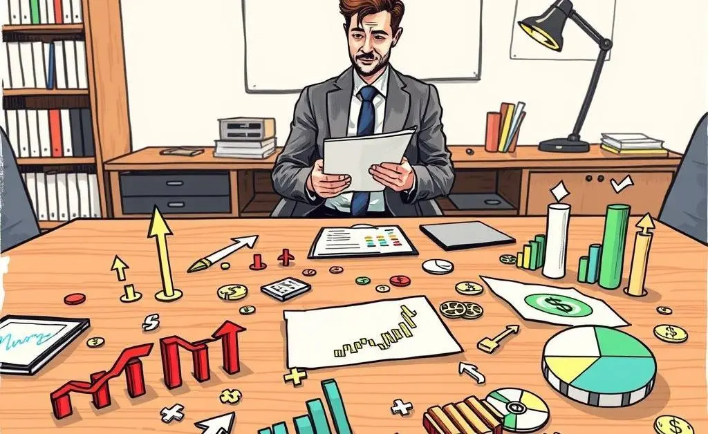 A diverse range of stock market icons on a desk with an investor planning in the background.