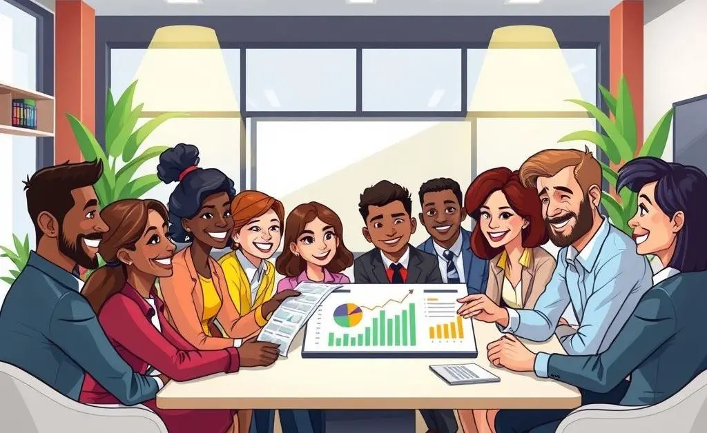 Diverse group of professionals discussing over a financial report