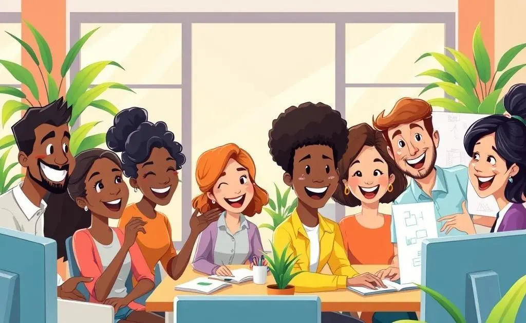 Cartoon of a happy and diverse office team working in harmony.