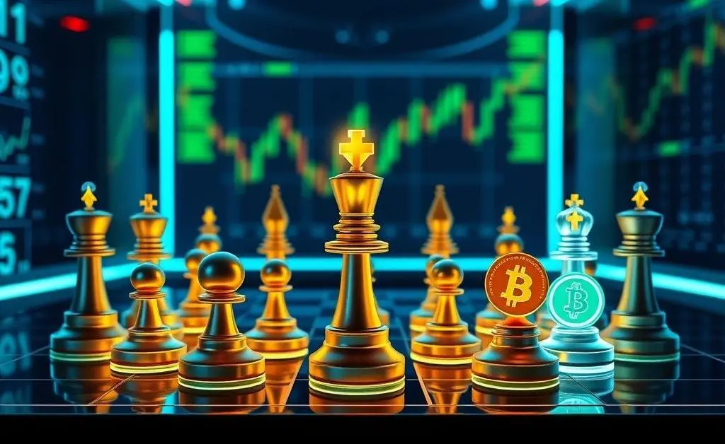 A chess board with investment symbols instead of traditional chess pieces