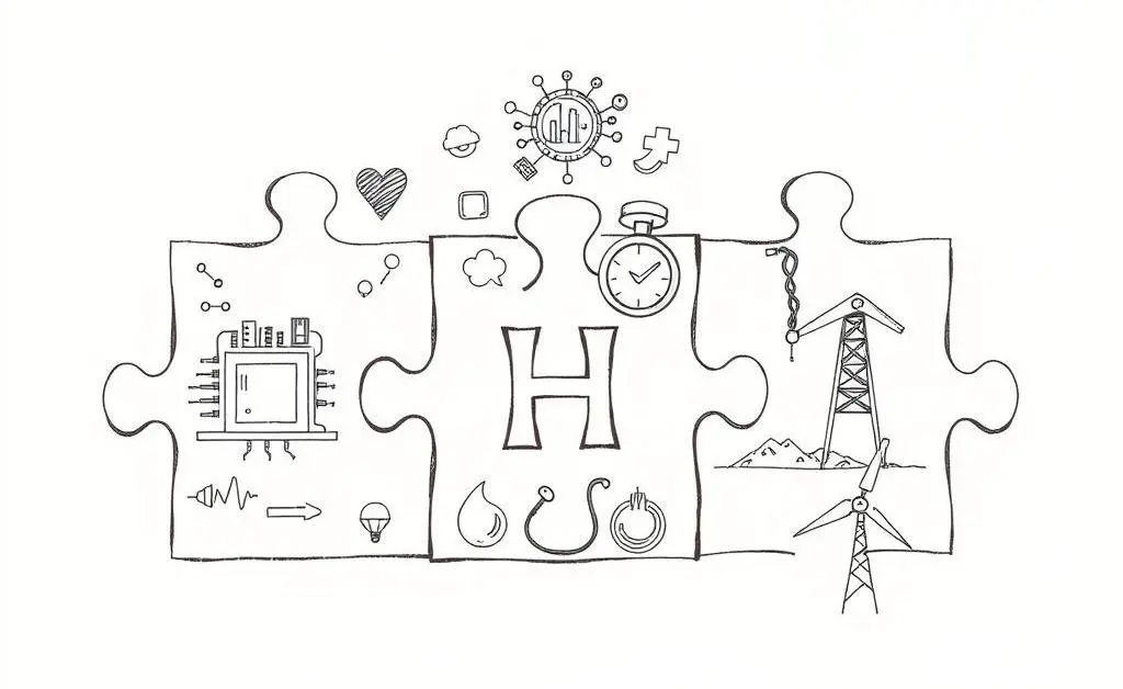 Hand-drawn illustration of different stock types such as tech, healthcare, and energy as puzzle pieces fitting together