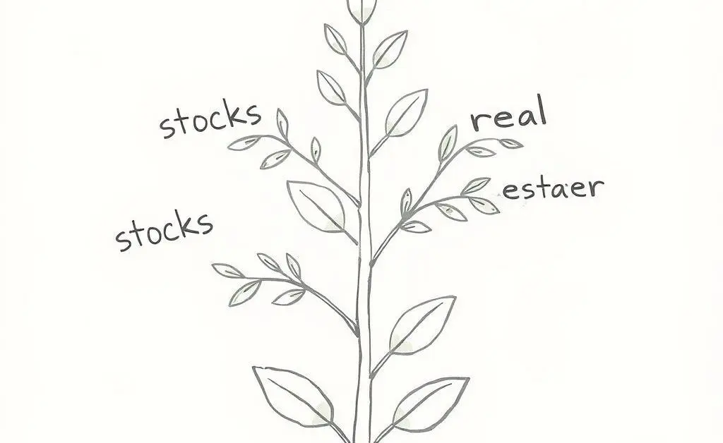 A hand-drawn image of a plant with different branches labeled 'stocks', 'bonds', 'real estate'