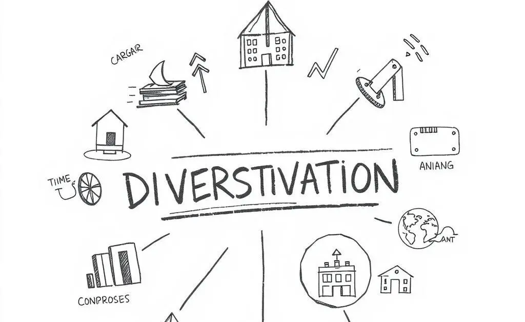 Hand-drawn concept art of diversification showing various investment types blending into a balanced whole