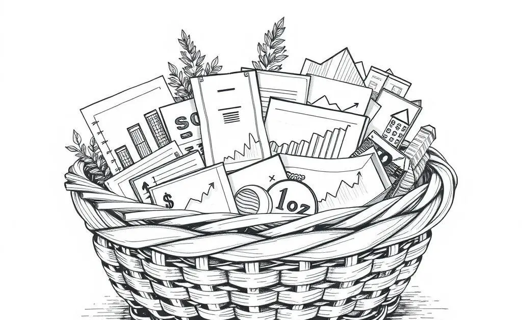 A hand-drawn illustration of various stocks in a basket symbolizing diversification.