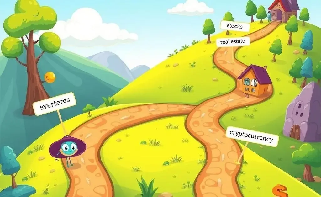 A cartoon-style branching path illustration showing different investment options.