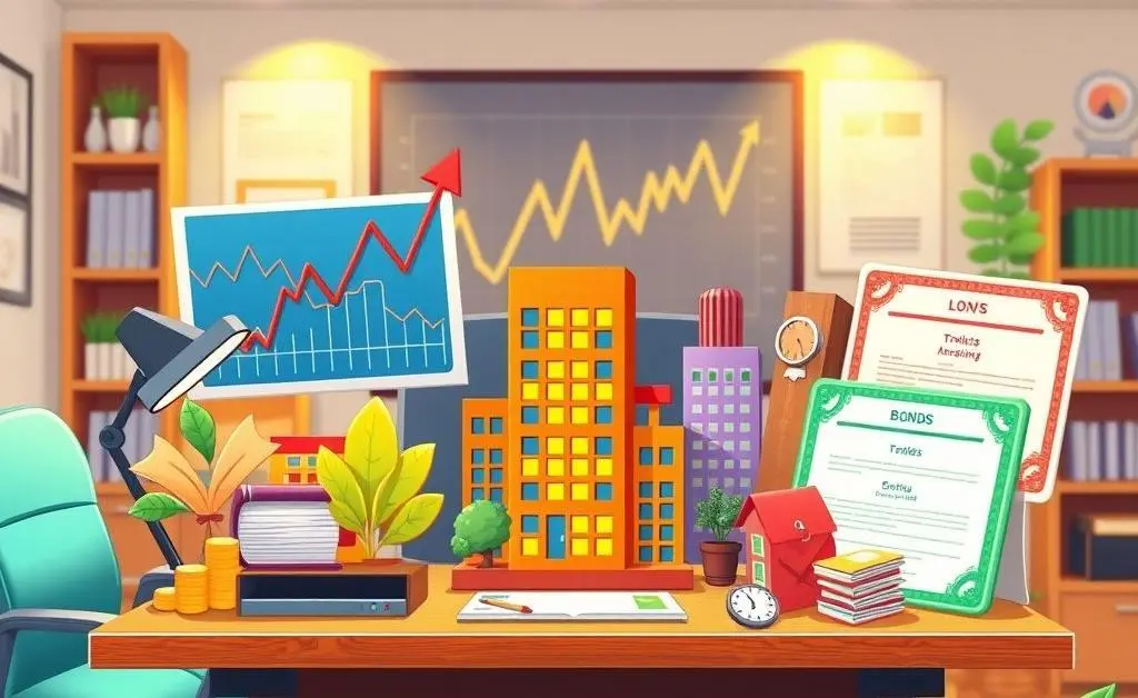 Diverse investment options like stocks, real estate, and bonds as icons on a desk