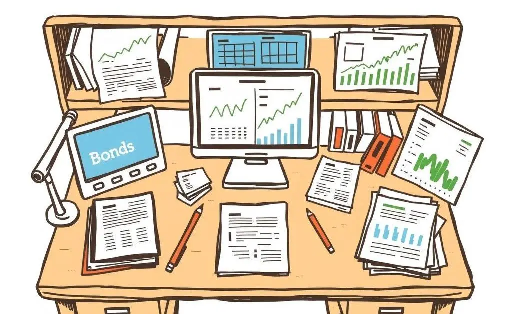 Illustration of a diversified investment portfolio on a desk.