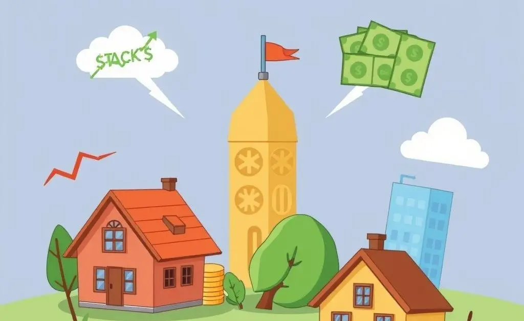 Cartoon-style depiction of various investment tools like stocks, bonds, and real estate.