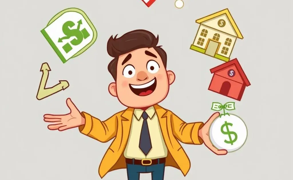 Cartoon-style illustration of a person juggling symbols of stocks, bonds, real estate, and savings.