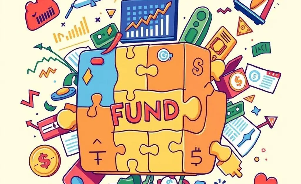 Playful puzzle illustration of different investment items forming a mutual fund