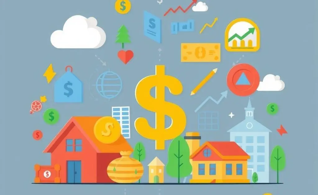 Illustration of various asset icons such as stocks, bonds, and real estate
