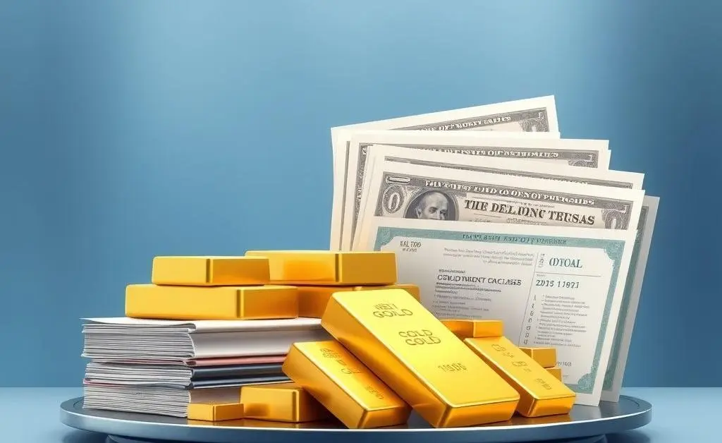 An artistic visual of a balanced portfolio with stocks, bonds, and gold bars.